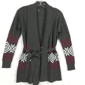 Pink Rose‎ Womens Sweater Cardigan Belted Aztec Print Charcoal Gray Wine Knit S